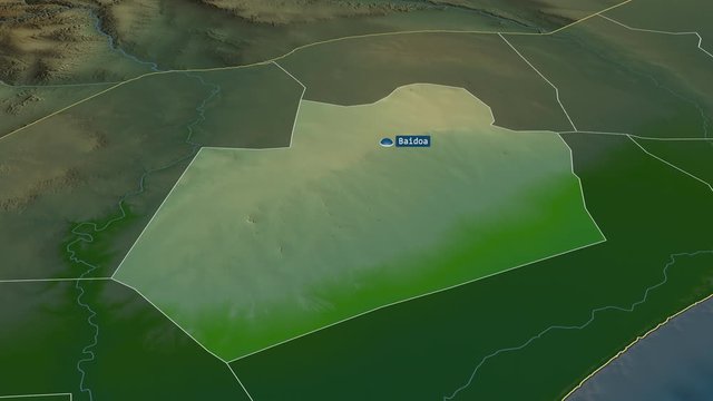 Bay - region of Somalia with its capital zoomed on the physical map of the globe. Animation 3D
