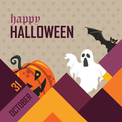 Happy Halloween Greeting Card or Banner for October Event with Orange Purple theme and costume characters like a Scary Smiling Pumpkin and white ghost along with Black Bat.