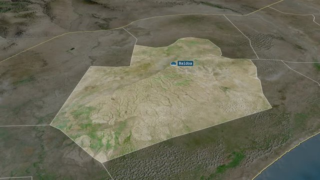 Bay - region of Somalia with its capital zoomed on the satellite map of the globe. Animation 3D