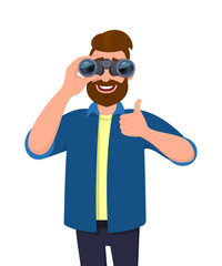 Successful bearded man in casual wear looking through binoculars & gesturing, making thumbs up sign with hand finger. Male character holding a binocular. Modern lifestyle, good, like in cartoon.