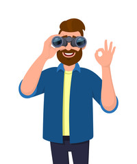 Young bearded man looking in the distance through binoculars and gesturing, making okay or OK sign with hand fingers. Modern lifestyle, technology concept illustration in vector cartoon style.