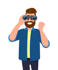 Hipster bearded man in casual wear looking through binoculars and gesturing, making success sign with raised hand fist. Male character is holding a binocular. Modern lifestyle, technology in cartoon.
