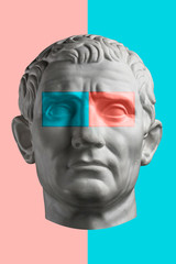 Contemporary art concept collage with antique statue head in a surreal style. Modern unusual art.