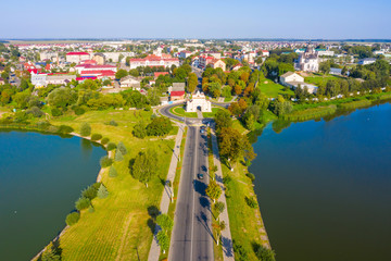 Slutsk gate in Nesvizh in summer in sunny weather. Aerial view from a drone