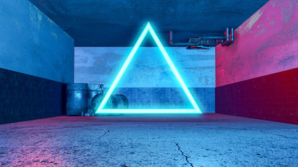 3D underground room grunge style and triangle neon, with backlight red and blue color background.