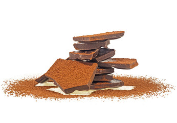 Dark chocolate bar and cacao powder isolated on white background