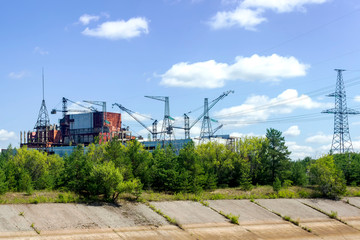 Chernobyl sarcophagus over the 4th reactor, Ukraine. Chernobyl nuclear power plant.