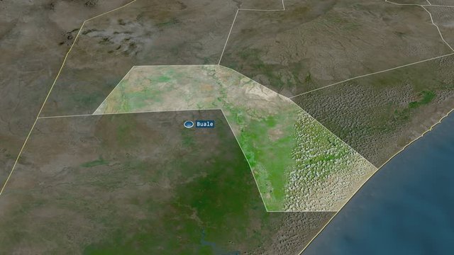 Jubbada Dhexe - region of Somalia with its capital zoomed on the satellite map of the globe. Animation 3D