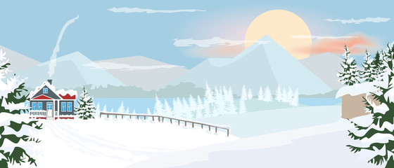 Beautiful horizontal Winter Landscape with mountain fir tree and bare tree with snow. Flat and solid color vector illustration.