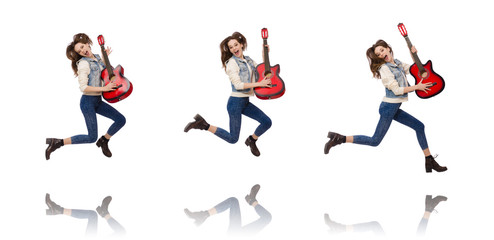 Young smiling girl with guitar isolated on white