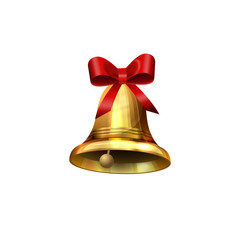 Vector illustration of shiny golden Christmas bell decorated with red bow