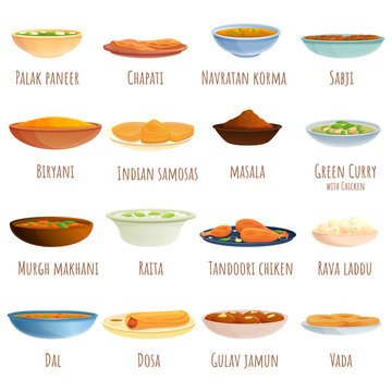 Indian cuisine icons set. Cartoon set of indian cuisine vector icons for web design
