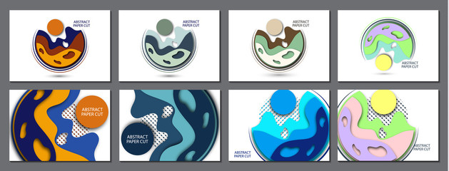Set. Abstract 3d background with paper cut shapes and circles of dots. Design layout for business presentations, flyers, posters and invitations. Colorful art of carving.