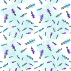 Watercolor seamless pattern with nail polish and tools. Hand drawn illustration.