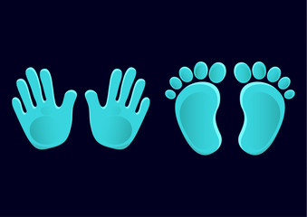 Baby footprints and handprints, icon. Abstract concept. Flat design. Vector on a black background.