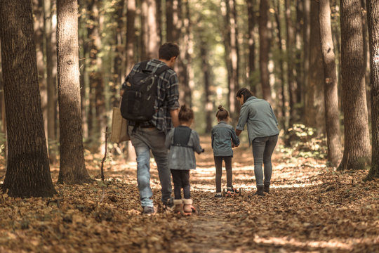 A young family walks in the autumn forest with children.