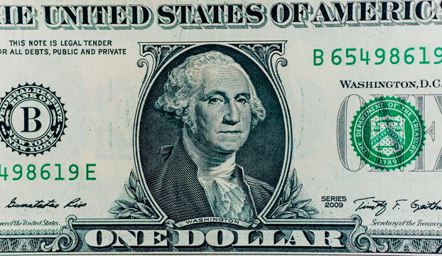 US 1  dollar bill close up, USA federal fed reserve note fragment. American dollar is the official currency of the United States of America