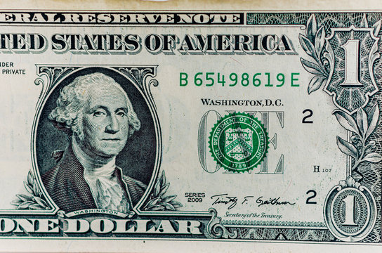 US 1  dollar bill close up, USA federal fed reserve note fragment. American dollar is the official currency of the United States of America