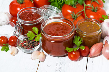 assortment of tomato sauces and ingredients on white background, top view