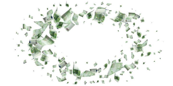 Counting euro banknote falling isolated. Money cash texture on white background.