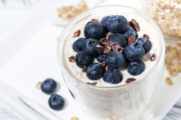 bircher muesli with fresh blueberries, closeup