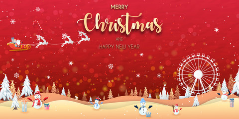 Naklejka premium Merry Christmas and happy new year. cute animal character it's wearing Hat scarf and winter glove to celebrate, landscape gold background, snow, card, and happiness. Vector Illustration