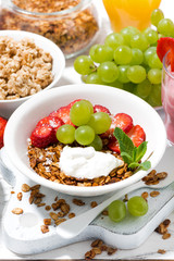 delicious and healthy breakfast with fruits, granola and milkshake, vertical closeup