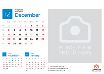 Calendar for December 2020. Vector design print template with place for photo. Week starts on Sunday. 3 months on page
