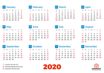 Simple calendar template for 2020 year. Week starts on Sunday. Vector illustration