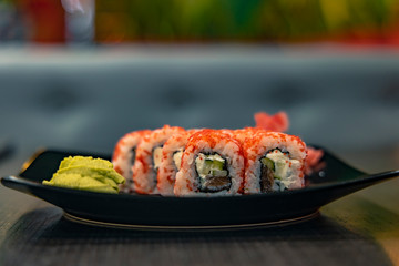 food photography sushi rolls Japan traditional cuisine in restaurant twilight interior environment unfocused background empty copy space for your text 