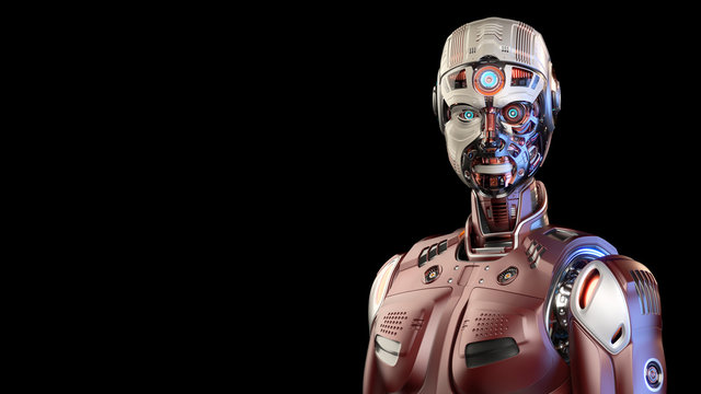 Detailed futuristic robot man or red humanoid cyborg with white head showing some internal parts of his metallic skull. Upper body isolated on black background with free copy space for text. 3d render