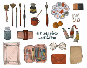 Art supplies collection. Hand drawn illustrations on white isolated background