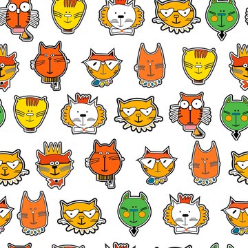 Seamless pattern with funny cats face. Cartoon. background
