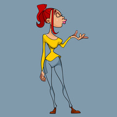 cartoon funny girl with painted lips blows a kiss