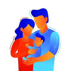 Mother and father hugs their baby. Flat cartoon trendy people cute protect family. Simple doodle trendy people life. Lorem ipsum vector illustration.