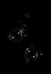 Clear soap bubbles floating on black background