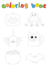 Cartoon spider, bat, pumpkin, cat, toad and pot. Coloring book for kids