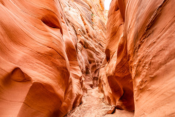 Orange red wave shape formations rocks at narrow Antelope slot canyon in Arizona on footpath trail from Lake Powell © Kristina Blokhin