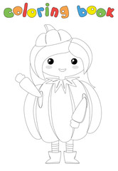 Cute cartoon girl in a pumpkin costume. Coloring book for kids