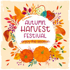 Autumn harvest festival poster with pumpkins,mushrooms,tree branches,apples,plants,leaves,berries and floral elements.Harvest fest design.Trendy fall vector illustration.
