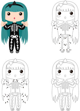 Cute girl in a skeleton costume with a broom in her hands. Halloween coloring book and dot to dot game for kids
