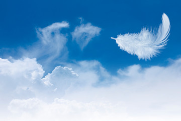 Soft single white feather floating in the sky with cloudy.