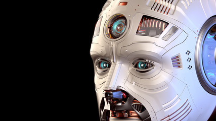 Closeup view of detailed futuristic robot face or humanoid cyborg eyes and forehead with free space for text on the left. Isolated on black background. 3d render