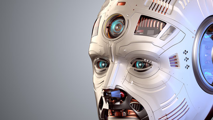 Closeup view of detailed futuristic robot face or humanoid cyborg eyes and forehead with free space for text on the left. Isolated on gray background. 3d render