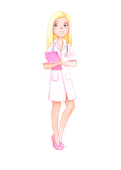 Watercolor character. Blond female doctor in white coat in pink high heel shoes with stethoscope and pink tablet