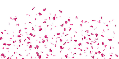 Heart falling confetti isolated white background. Pink fall hearts. Valentine day decoration. Love element design, hearts-shape confetti invitation wedding card, romantic holiday. Vector illustration