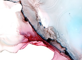 Abstract illustration in alcohol ink technique. Turquoise, red and black  marble texture. Wash drawing effect wallpaper. Modern illustration for card design, banners and ethereal graphic design. - 297140555
