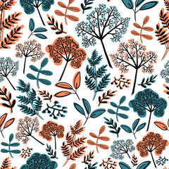 Seamless pattern of a selection of blue, teal and orange clusters of berries,branches, leaves and sprigs. Autumn seasonal colors. Perfect for wrapping paper, textile, fabric and backdrops. Vector.