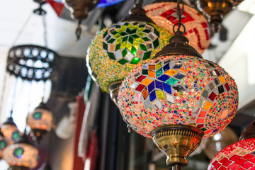 Traditional ottoman lamps closeup. A lot of mosaic glass.