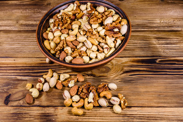 Various nuts (almond, cashew, hazelnut, pistachio, walnut) in ceramic plate on a wooden table. Vegetarian meal. Healthy eating concept